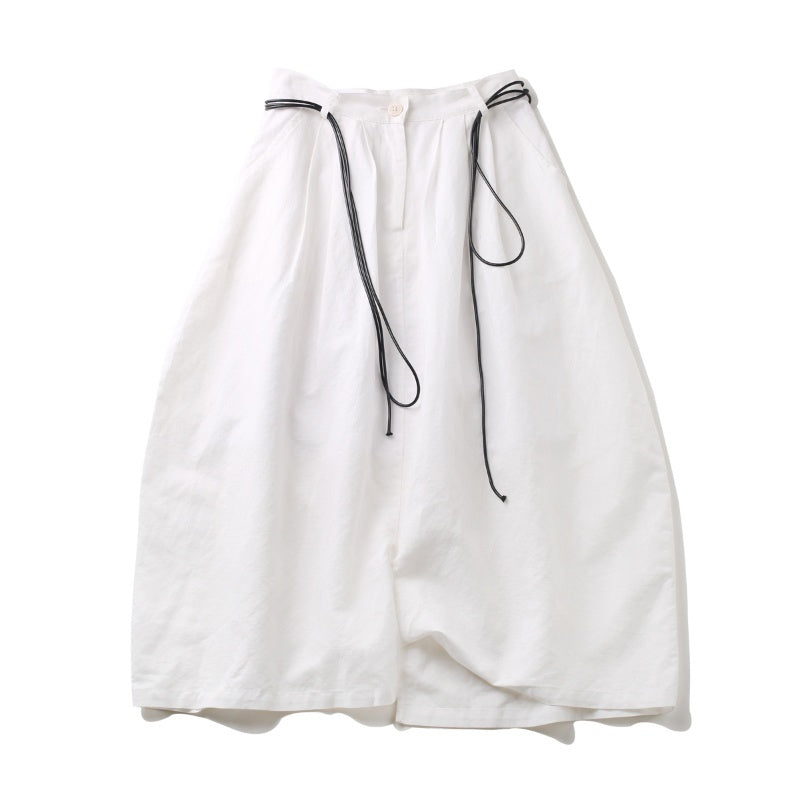 Women's White Cotton-Linen Culottes, Loose and Casual Circular Design