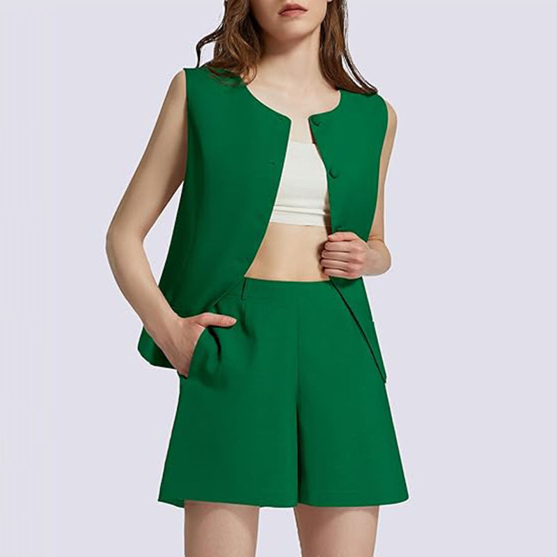 2-Piece Business Work Suit – Sleeveless Round Neck Top with Buttoned High-Waisted Trousers