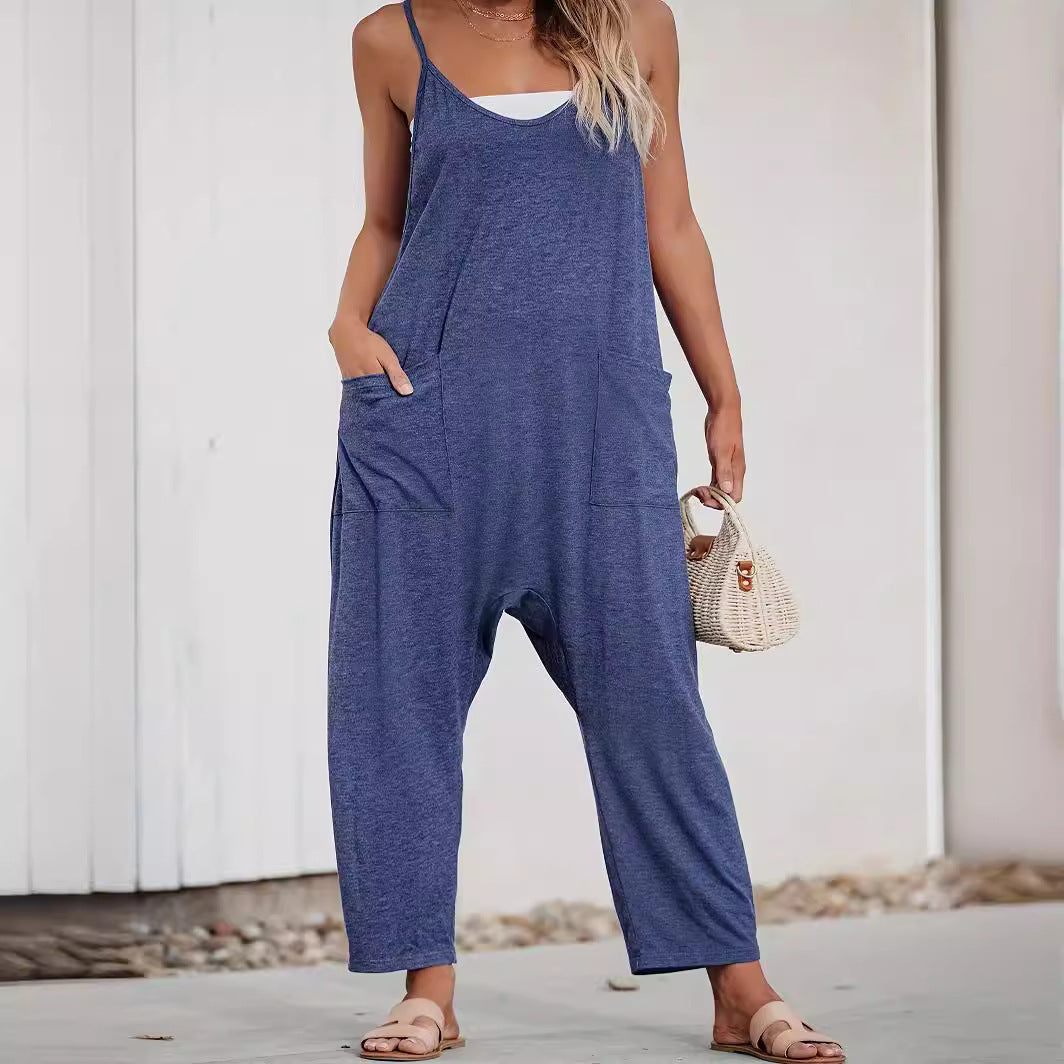 Summer Casual Knitted Jumpsuit with Spaghetti Straps, Suspender-Style Trousers