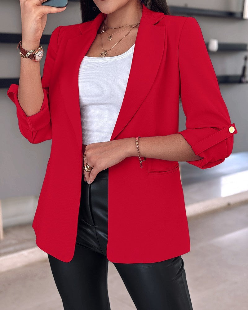 Women's Casual Blazer with Rolled Sleeves and Pockets