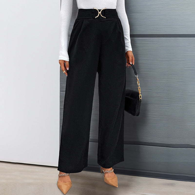 European and American Style Solid Color High-Waisted Straight Pants with Buckle