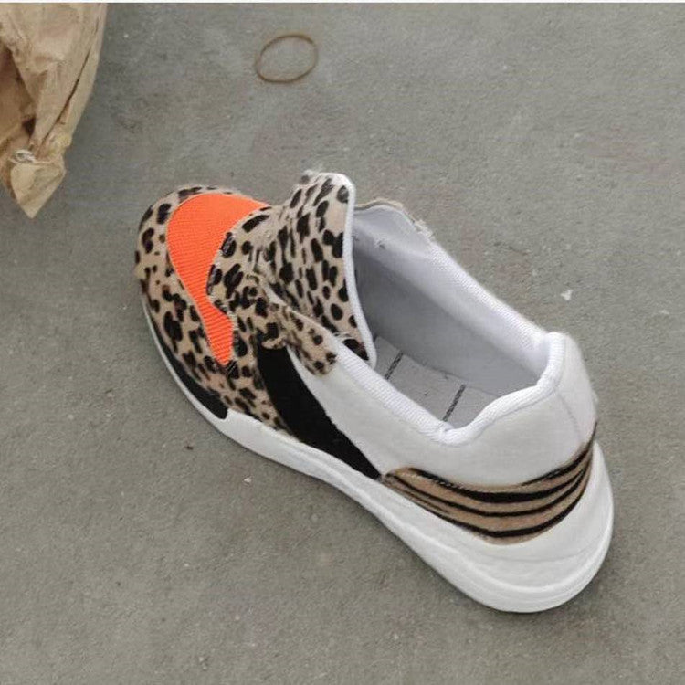 Leopard Print Color-Block Lace-Up Casual Horse Hair Sneakers