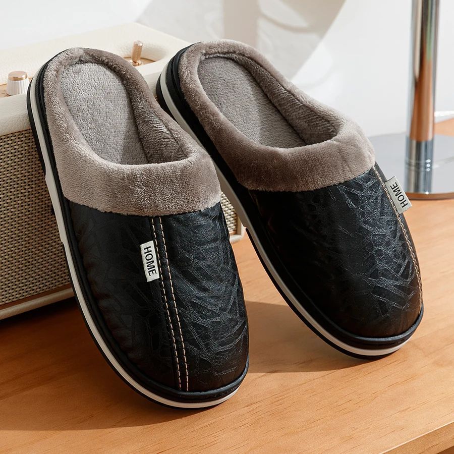 PU Leather Big Size Indoor Slippers - Waterproof, Fur-Lined Flat Shoes