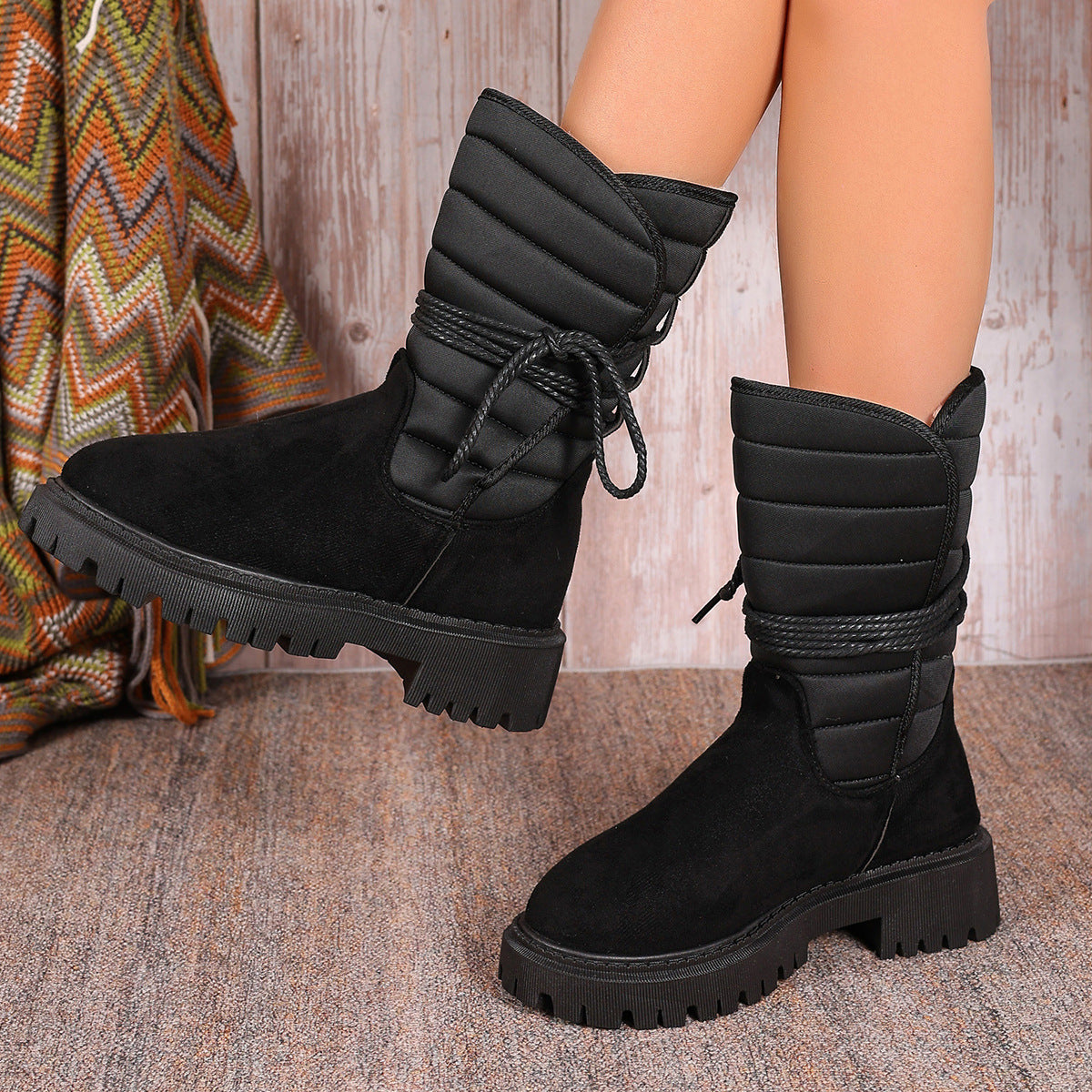 New Chunky Heel Mid-Tube Snow Boots for Women – Winter Warm Fleece Lined with Lace-Up Design