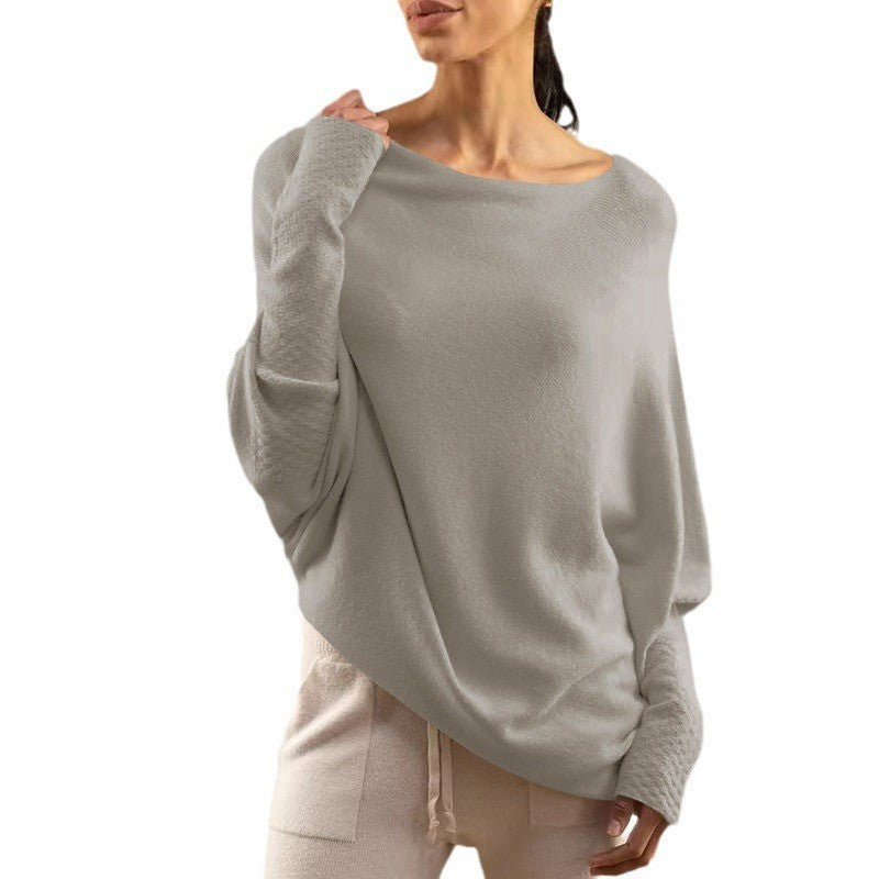 Solid Color Off-Shoulder Pullover Knitted Loose Sweater