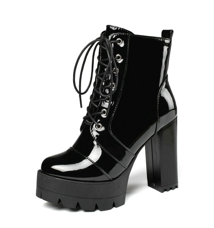 Super High-Heel Round-Toe Thick-Heel Platform Lace-Up Patent Leather Martin Boots