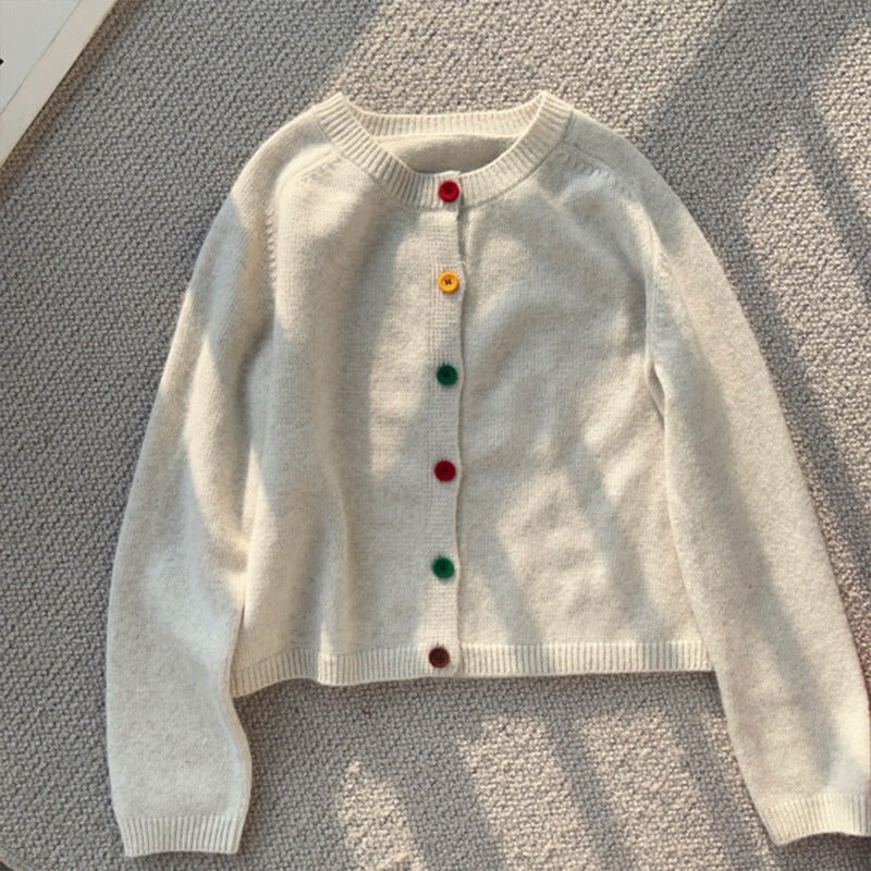 Korean-Style Age-Reducing Rainbow Single-Breasted Round Neck Sweater