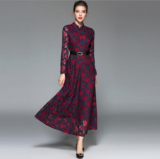 Women's Slim Fit Vintage Jacquard Lace Swing Dress