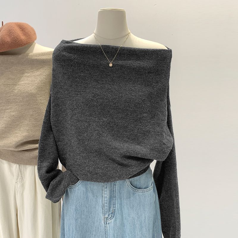 French Lazy Style Off-shoulder Loose Knit Base Sweater