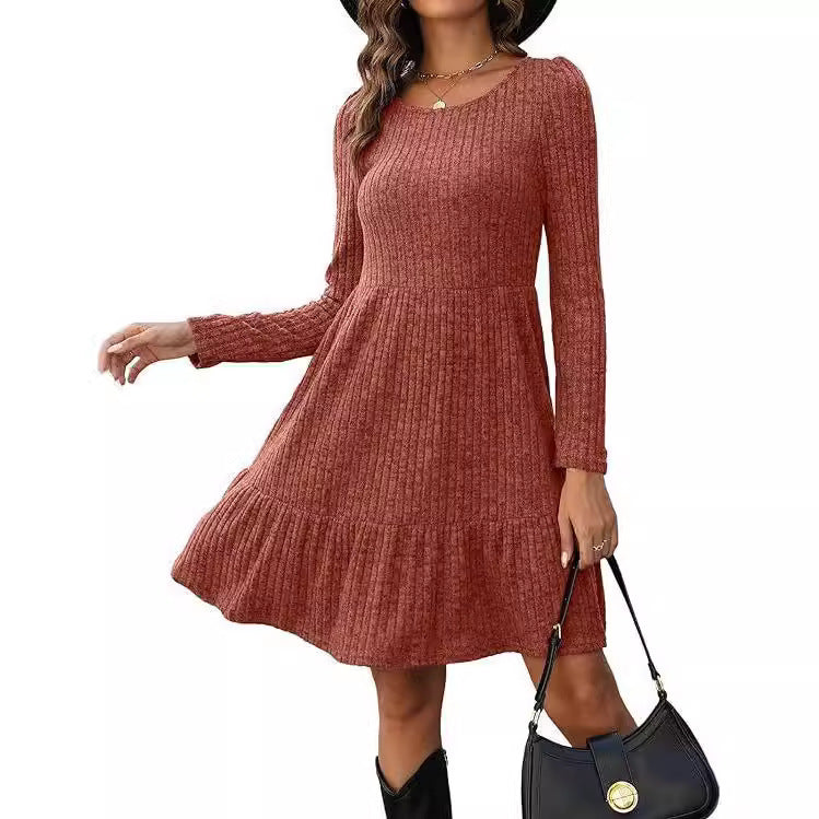 Solid Color Round Neck Knitted Sweater Dress