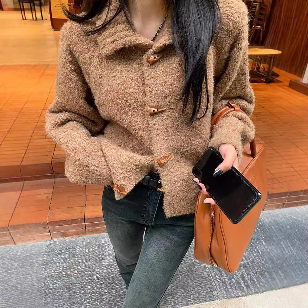 Women's Retro Solid Color Sweater Coat with Horn Buttons