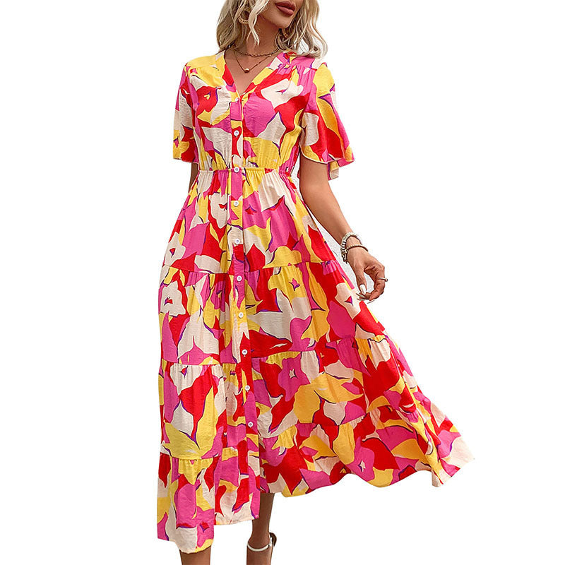 Single-Breasted Printed Mid-Length Dress