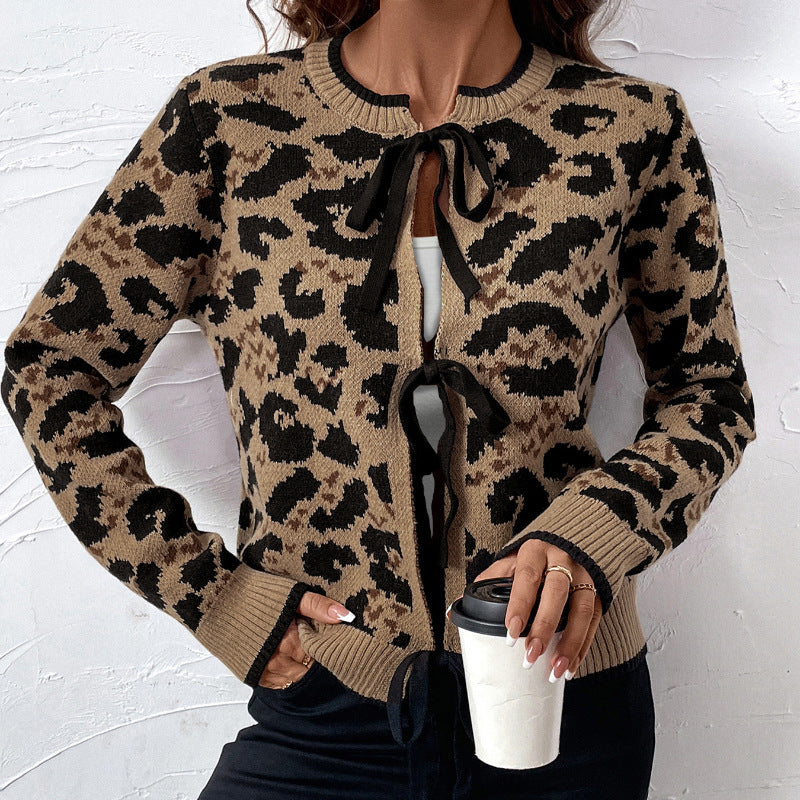 Women's Round Neck Sweater Cardigan with Tie Detail