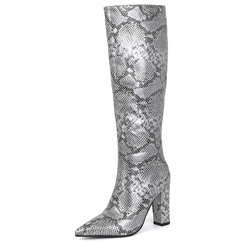 Women's Snake Print High-Heeled High Top Boots with High Leg Design