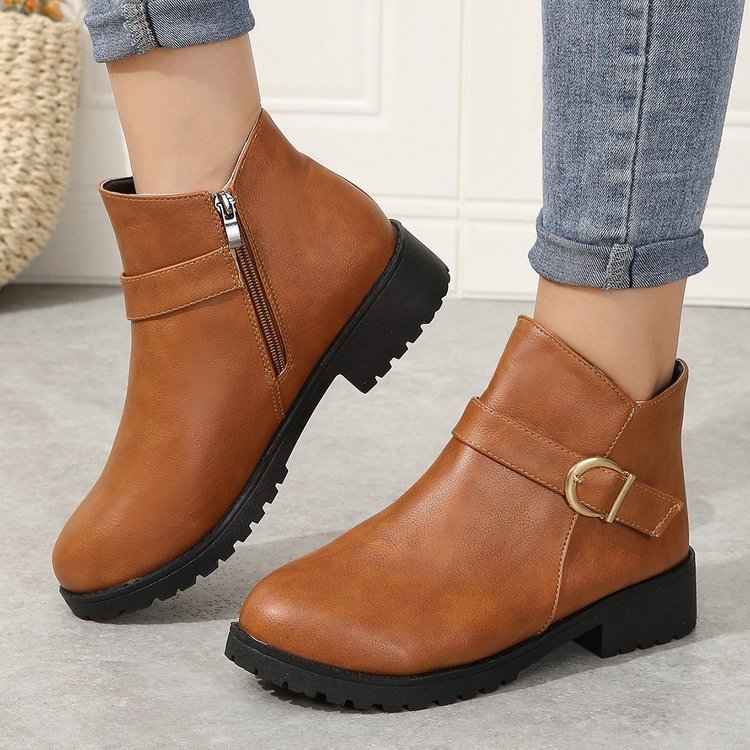 Short Leather Boots with Belt Buckle, Zipper, and Chunky Heel