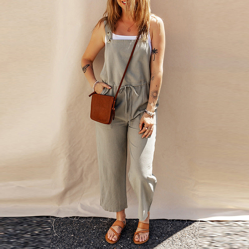 Solid Color Sleeveless Camisole Jumpsuit, Loose Fit