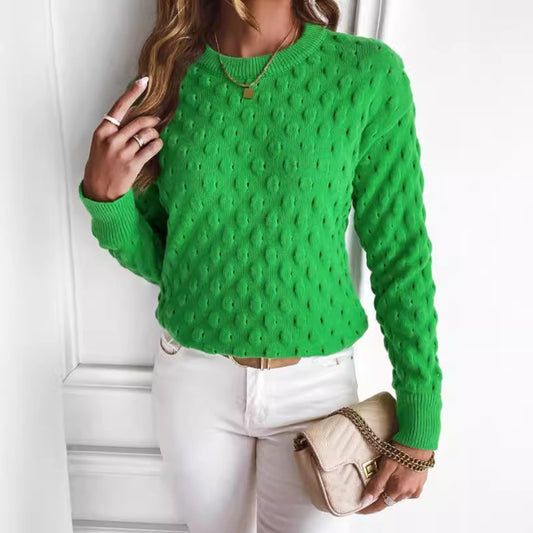 Solid Color Pullover Knitwear Top with Round Neck and Long Sleeves