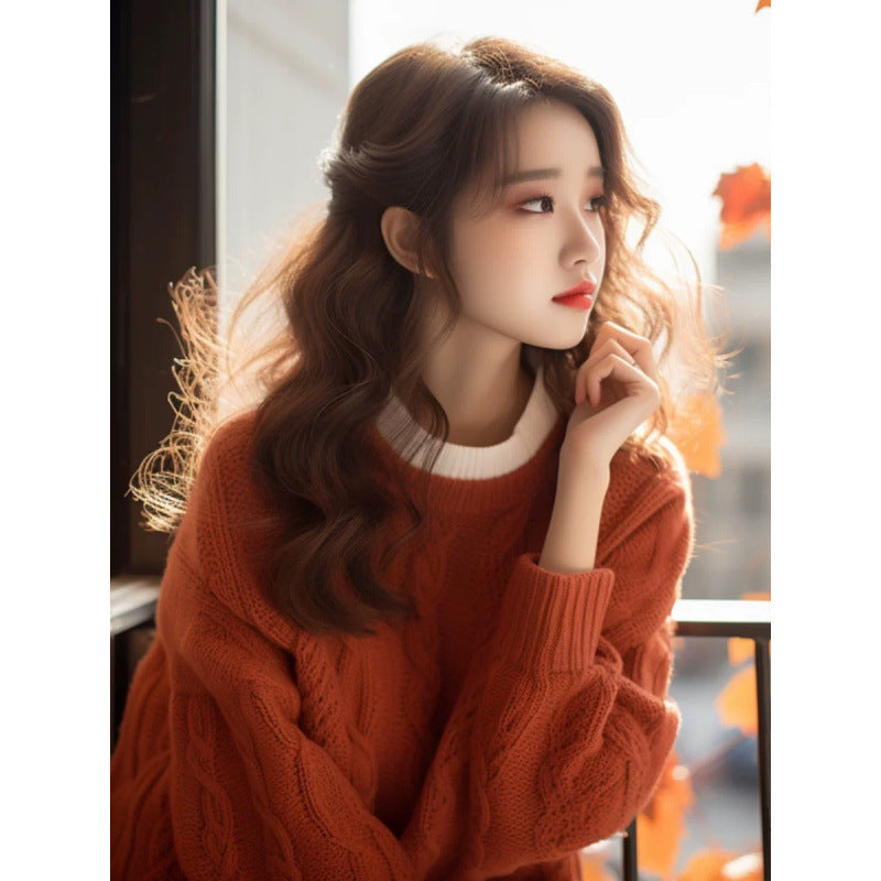 Orange Round Neck Loose Knitted Top – Classic Inner Wear for Fall and Winter