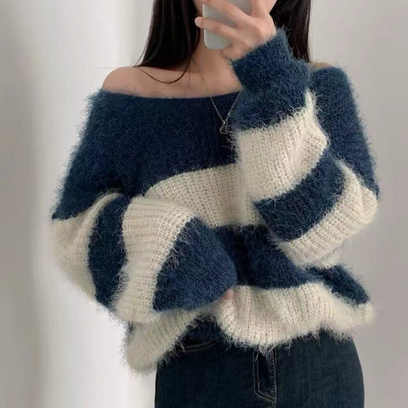 Retro Lazy Loose Round Neck Contrast Color Striped Sweater