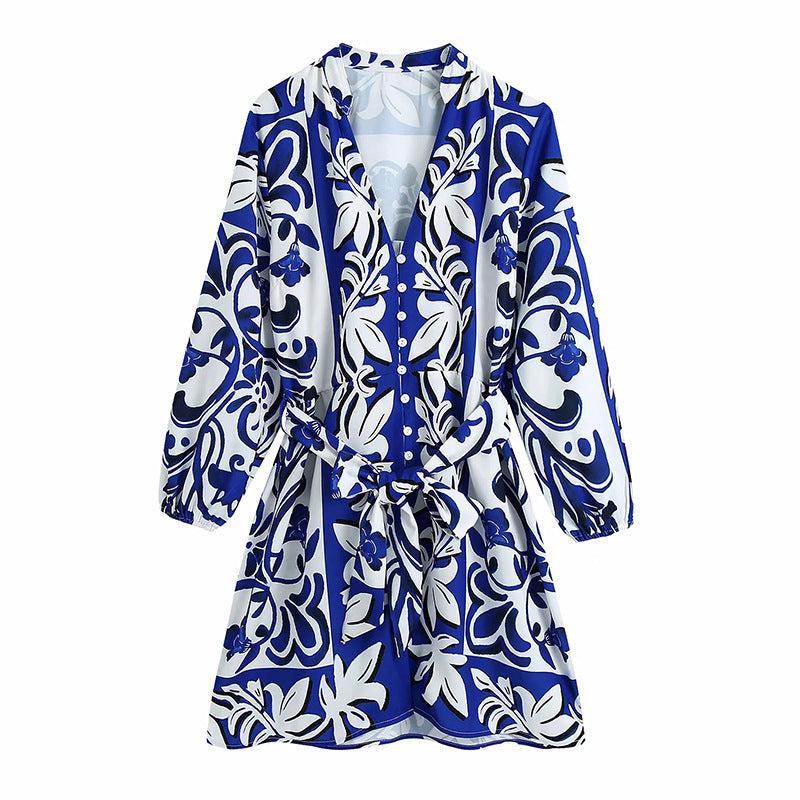 Women's Shirt-style Belt Skirt Blue And White Porcelain Lapel Waist Drape Long-sleeved Dress