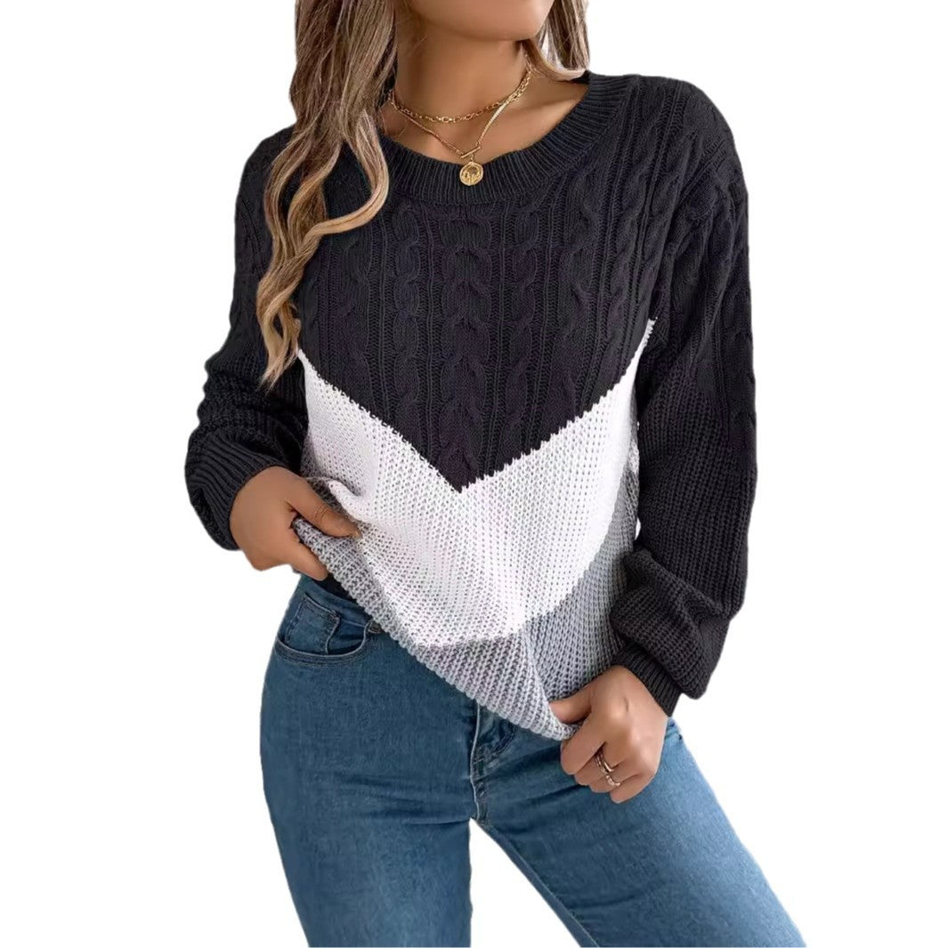 Color-Blocked Twist Lantern Sleeve Knitted Pullover Sweater