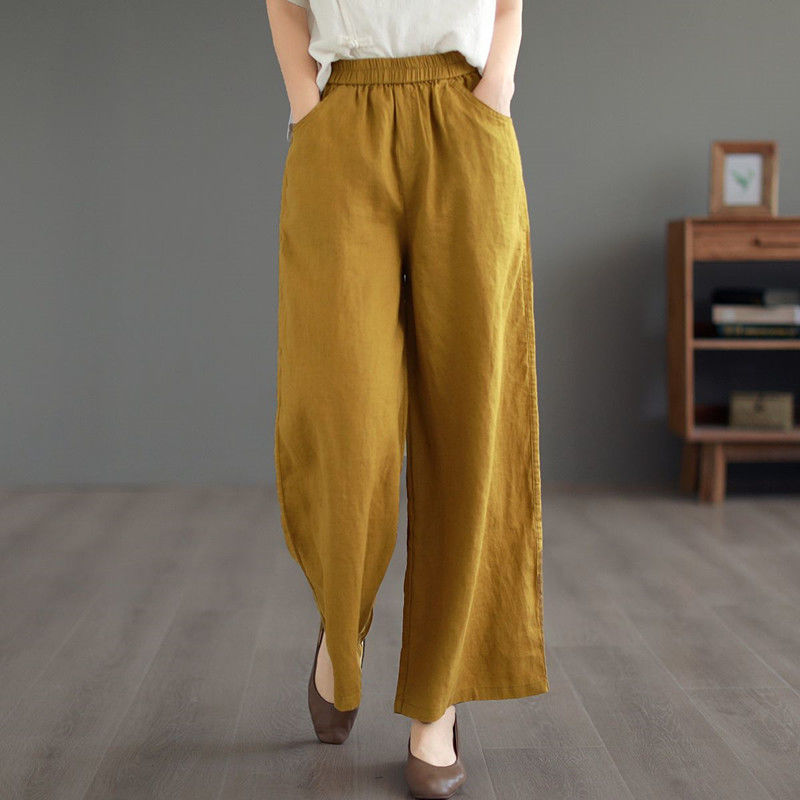 Thin High-Waist Loose-Fit Artistic Retro Cotton-Linen Straight-Leg Pants