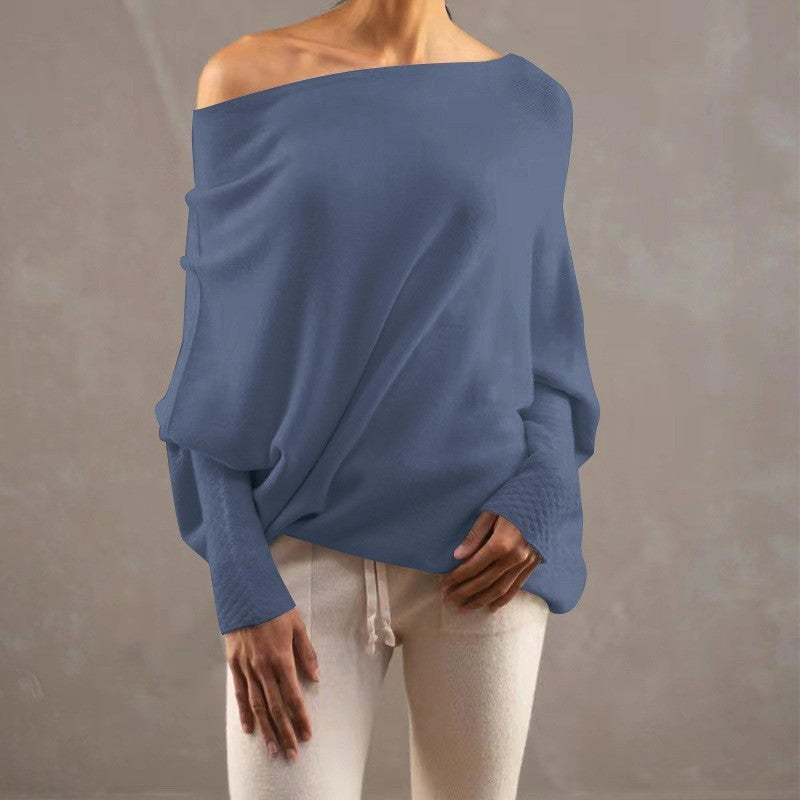 Solid Color Off-Shoulder Pullover Knitted Loose Sweater