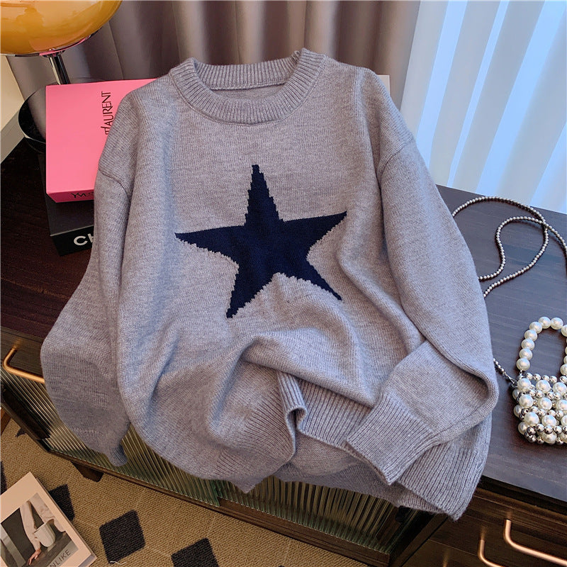 Idle Style Crew Neck Pullover Sweater with Five-Pointed Star Design