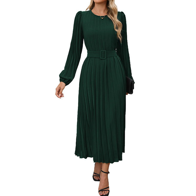 Women's Long-Sleeve Pleated Dress with Round Neck Design