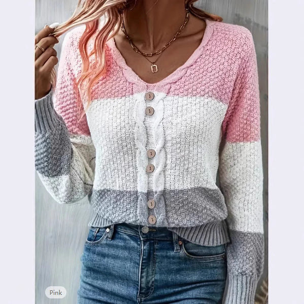 V-Neck Long Sleeve Pullover Knit Top with Fake Button Detail