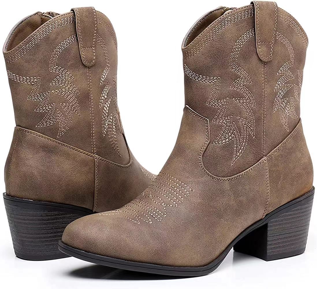 European and American Retro Chunky Heel Side Zip Western Denim Boots