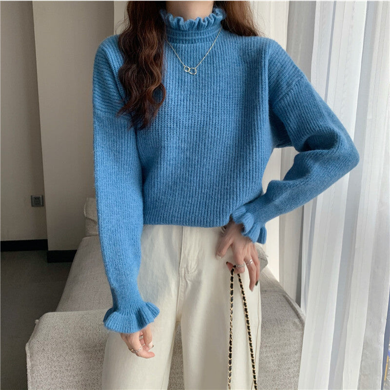 Red Wooden Ear Half Turtleneck High-Quality Sweater