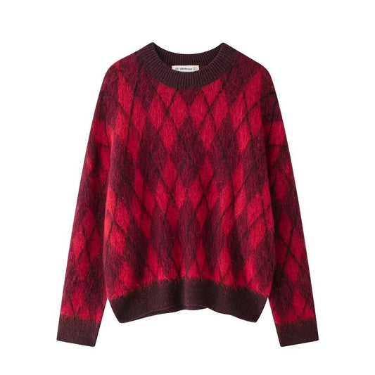 Women's Knitted Rhombus Pattern Sweater – Stylish and Cozy Pullover