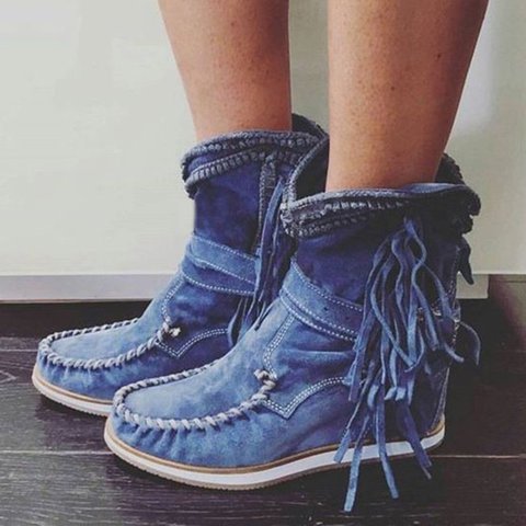 Solid Color Leather Tassel Ankle Boots for Women