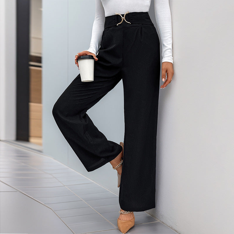 European and American Style Solid Color High-Waisted Straight Pants with Buckle