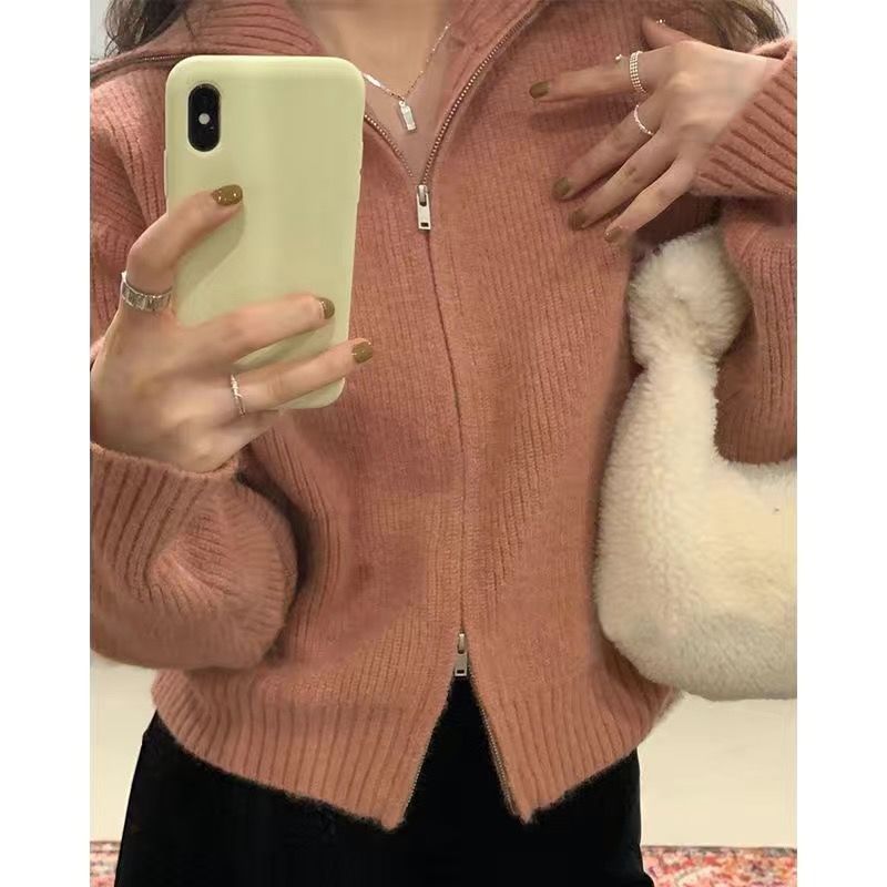 Women's Short Preppy Style Stand Collar Zipper Sweater - Thin Spring & Autumn Cardigan