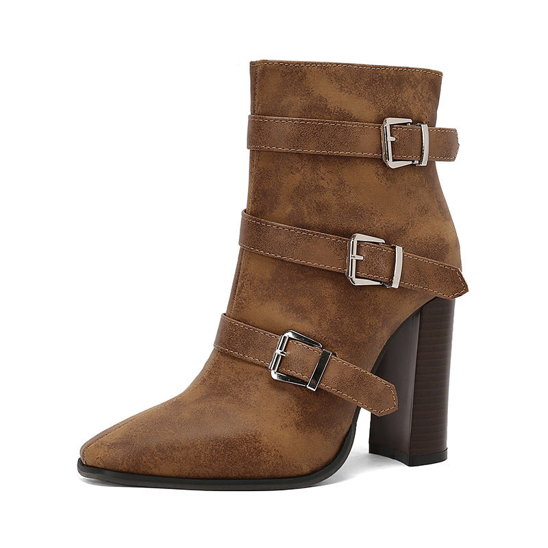 Belted High-Heel Martin Boots with Chunky Soles