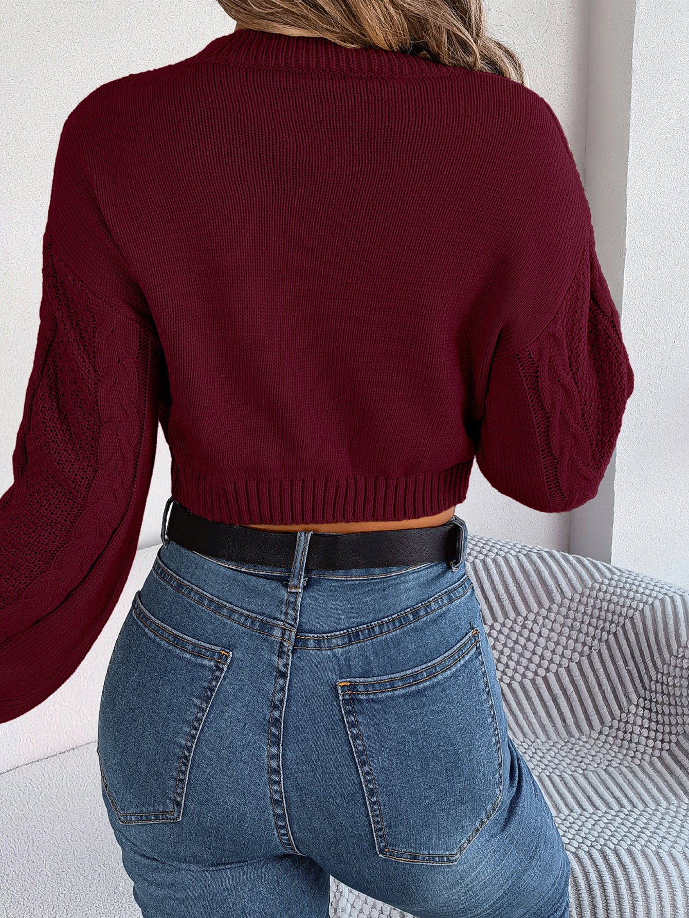 Women Casual Solid Color Cable Knit Long Sleeve Cropped Pullover