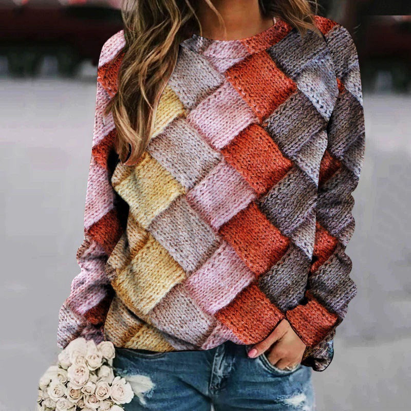 Creative Sweater with Printed Patchwork, Round Neck, and Raglan Long Sleeves