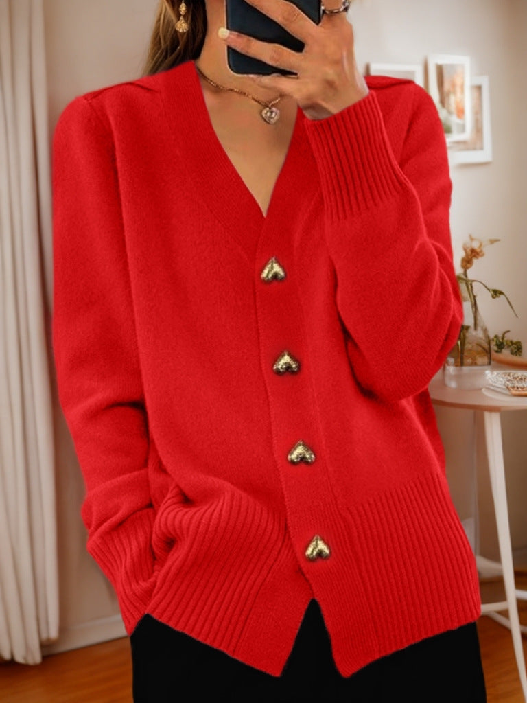 New Autumn & Winter Solid Color Long Sleeve V-Neck Knitted Cardigan