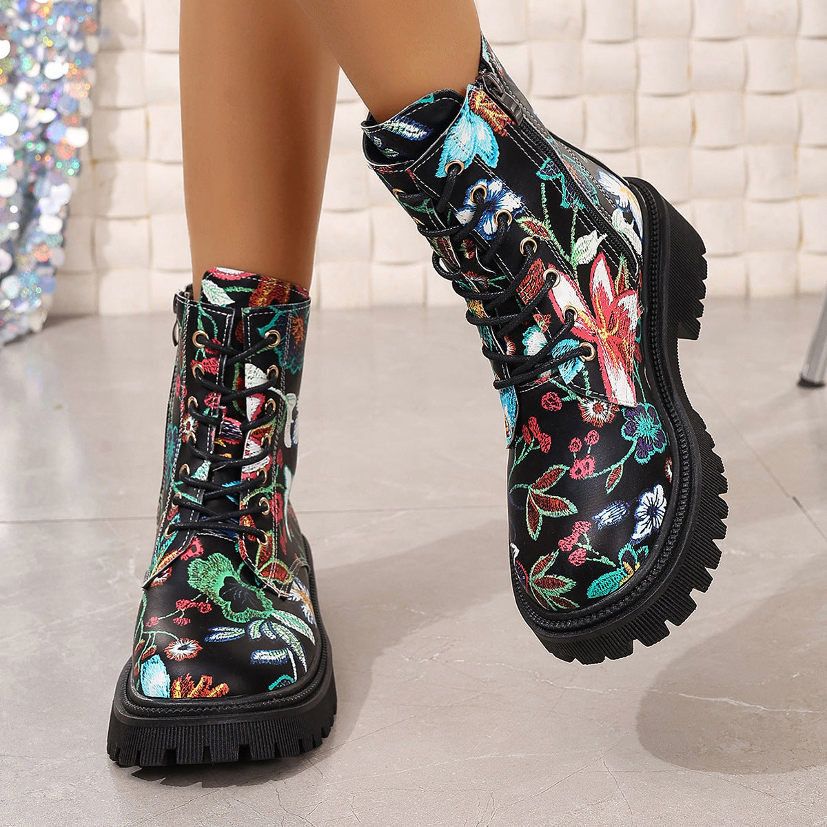 Women's Multicolor Printed Flat Low-Heel Martin Boots