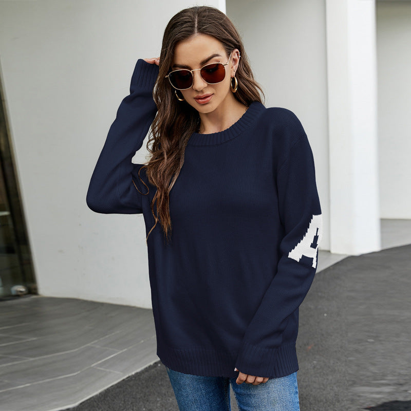 European and American Letter Jacquard Casual Sweater – Loose Fit Idle Style Pullover