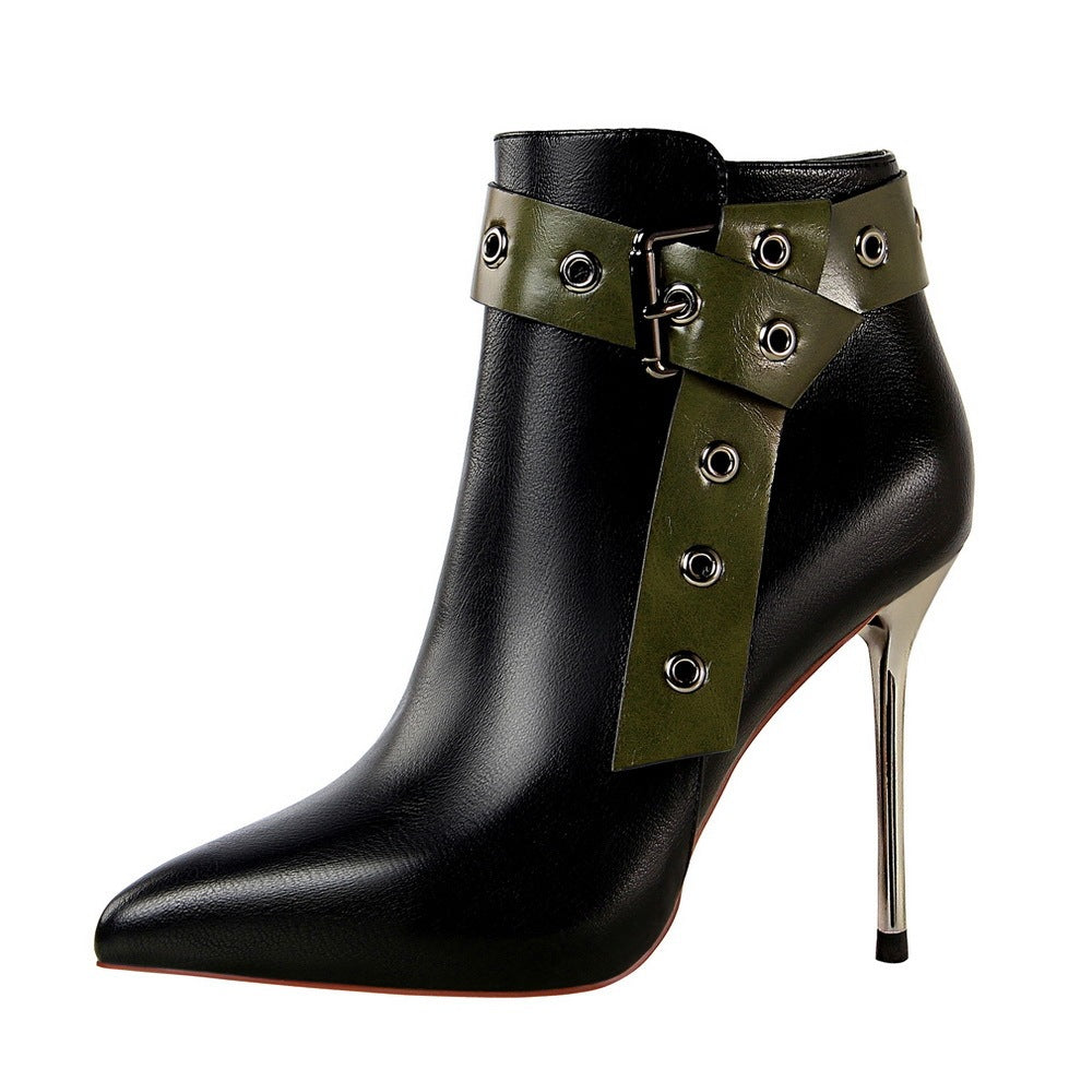 Pointed-Toe Studded Buckle Ankle Boots