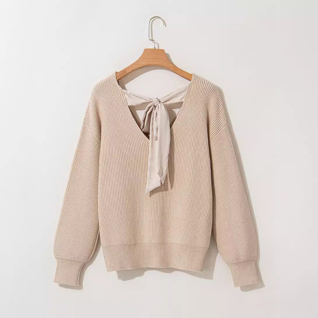 Women's Solid Color Long Sleeve Sweater - Casual Loose Fit with Bow Detail