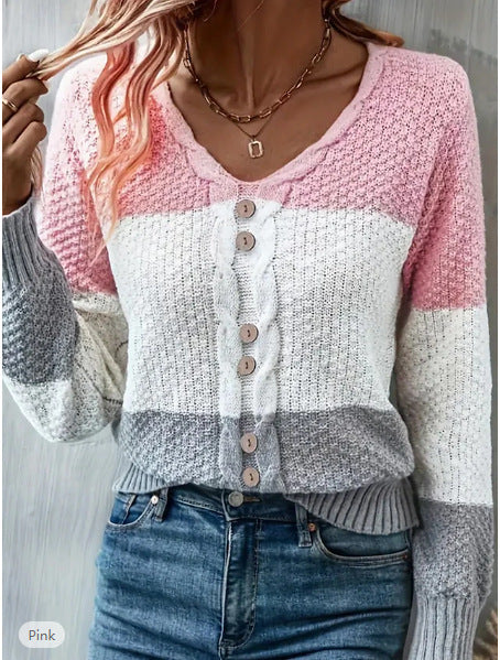 V-Neck Long Sleeve Pullover Knit Top with Fake Button Detail