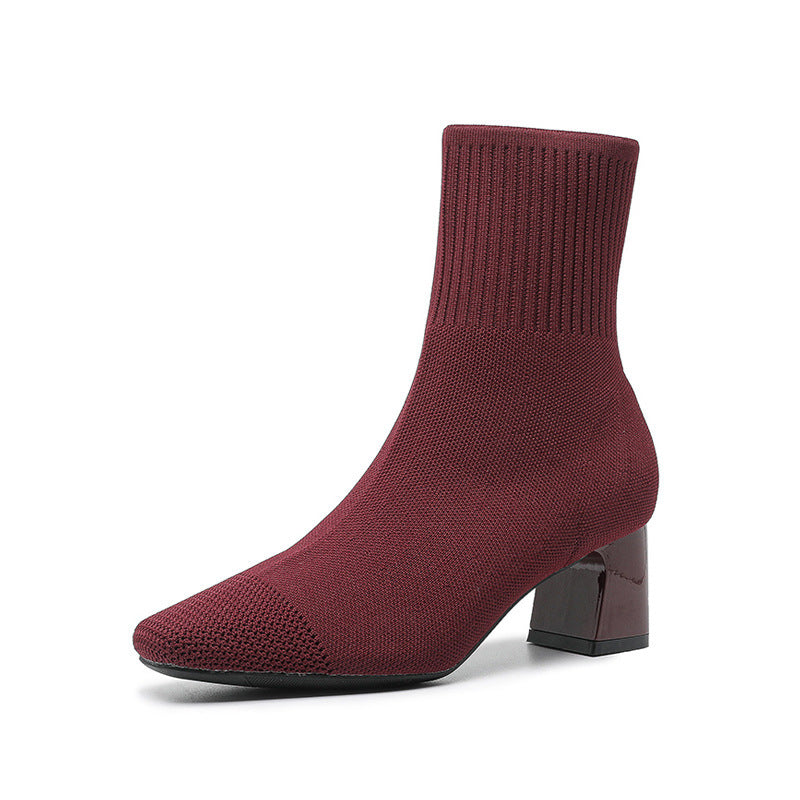 Elastic Chunky Heel Knitted Sock Boots