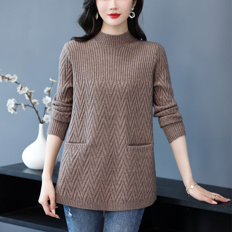 Women's Winter Loose-Fit Half Turtleneck Knitted Woolen Sweater Skirt