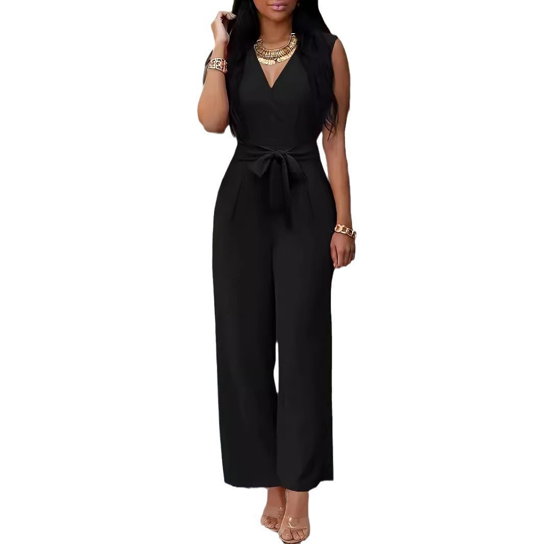 Women's V-Neck Sleeveless Wide-Leg Jumpsuit with Belt