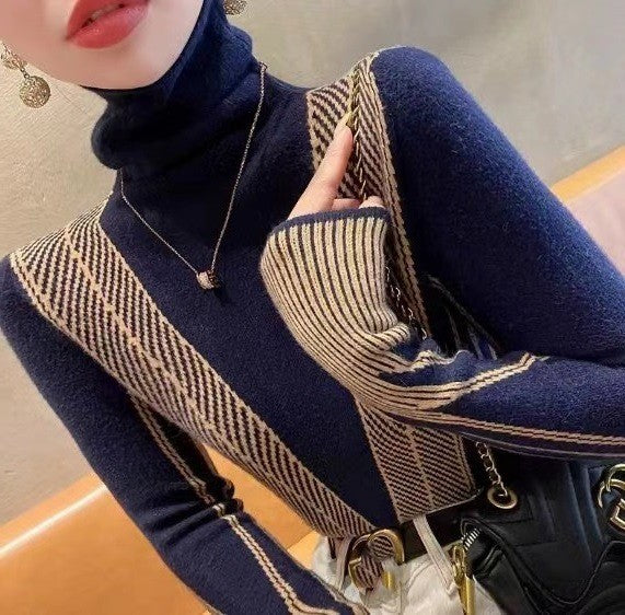 Women's Striped Turtleneck Sweater for Autumn and Winter