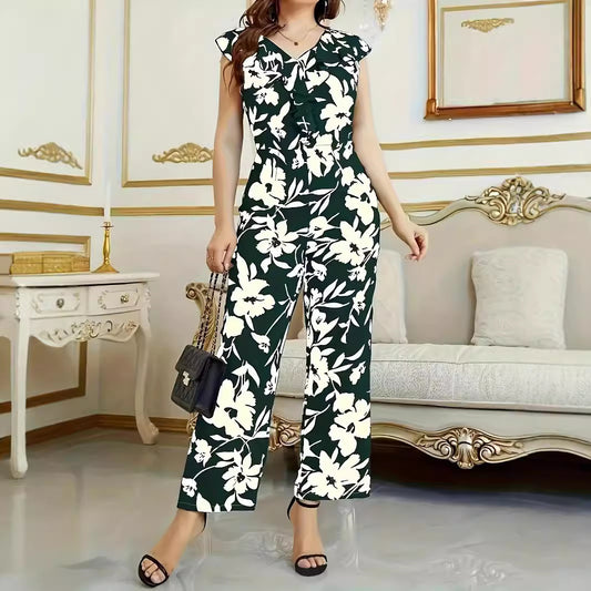 Fashionable Floral Printed Women's Sleeveless V-Neck Jumpsuit with Pockets